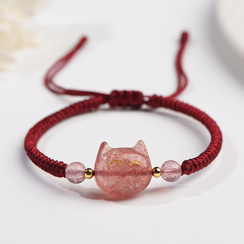 Buddha Stones Handmade Natural Silver Sheen Obsidian Strawberry Quartz Cute Cat Protection Braided Bracelet Bracelet BS Strawberry Quartz(Love♥Healing) Smiling Cat