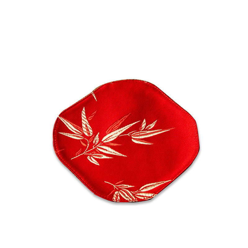 Buddha Stones Vintage Sea Wave Bamboo Plum Blossom Embroidered Cup Mat Pad Tea Cup Coaster Kung Fu Tea Mat Tea Mat BS Red Bamboo Coaster 13*11.5cm
