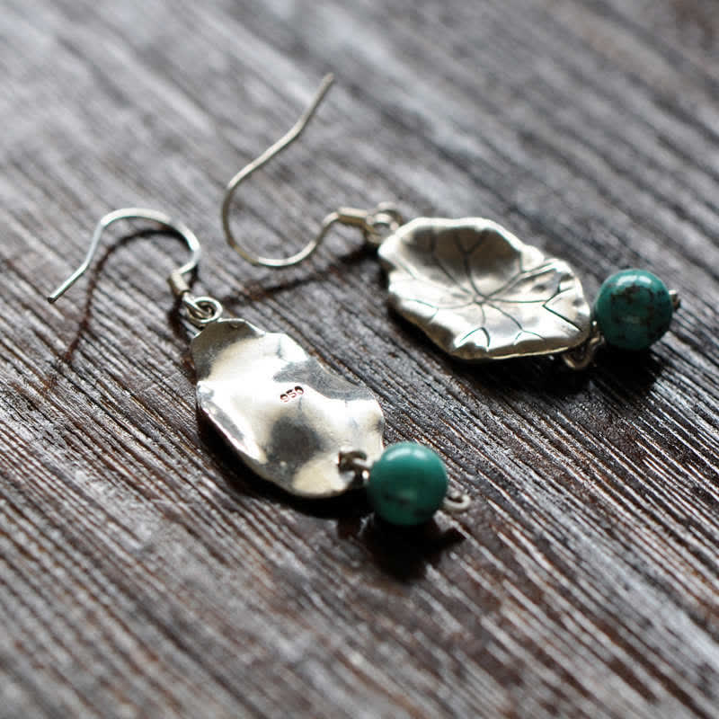 Buddha Stones 925 Sterling Silver Turquoise Lotus Leaf Protection Drop Dangle Earrings Earrings BS 9