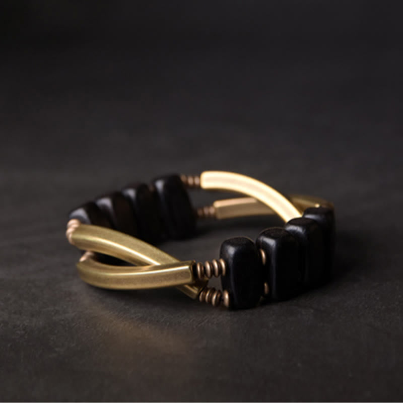 Buddha Stones Tibetan Ebony Wood Brass Copper Balance Double Layer Bracelet - image 9