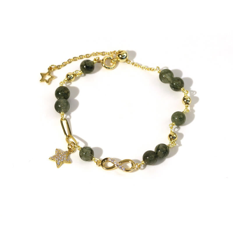 Buddha Stones 14K Gold Green Rutilated Quartz Möbius Loop Eternal Love Star Protection Bracelet Bracelet BS Dark Green Rutilated Quartz(Wrist Circumference 14-15cm)