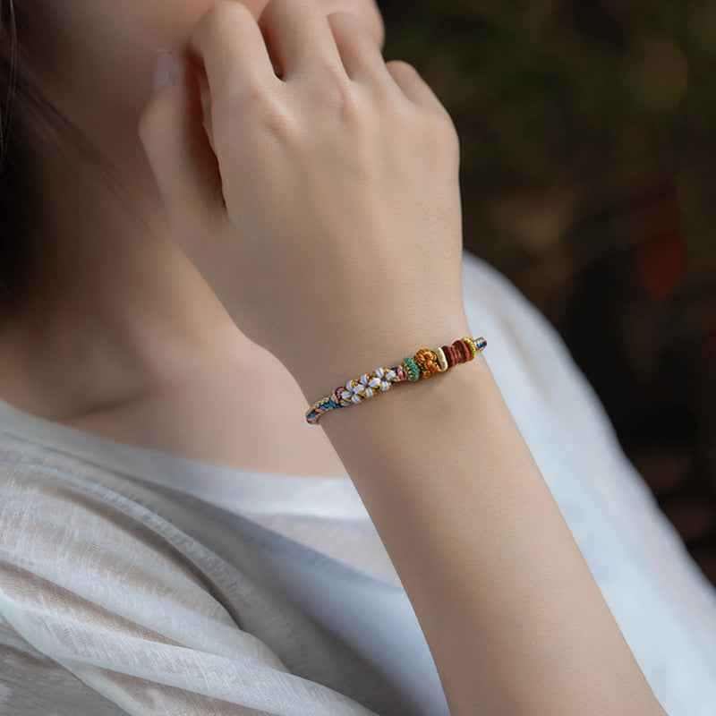 Buddha Stones Handmade Dunhuang Color Peach Blossom Pattern Braid String Bracelet Bracelet BS 12