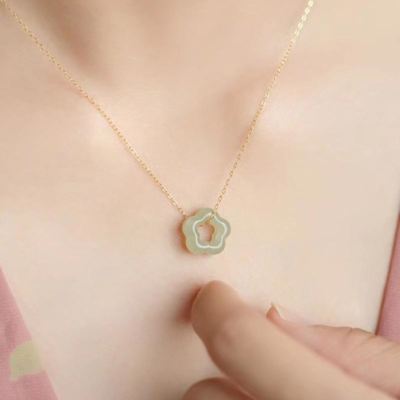 Buddha Stones Dainty Hetian Jade Cyan Jade Luck Floral Charm Necklace Pendant Necklaces & Pendants BS 5