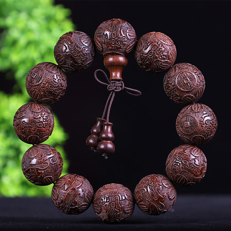 Foviel Chinese Zodiac Rosewood Ebony Copper Coin PiXiu Carved Warmth Bracelet