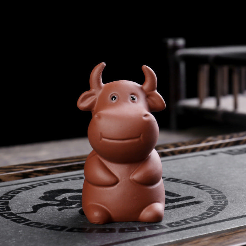 Buddha Stones Chinese Zodiac Purple Clay Wealth Ceramic Tea Pet Home Figurine Decoration Decorations BS Ox 4.2cm*5.2cm*7.3cm