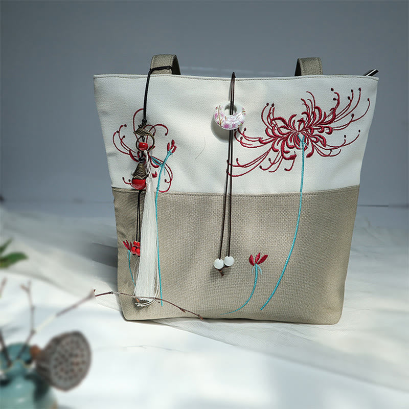 Buddha Stones Pear Flower Plum Peach Blossom Bamboo Embroidery Canvas Large Capacity Shoulder Bag Tote Bag - image 42