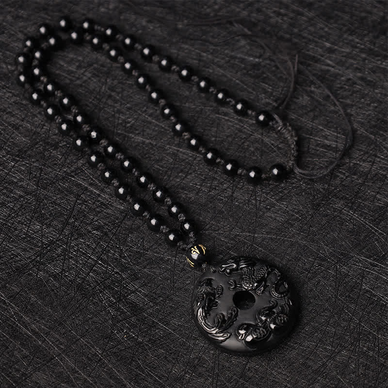 Buddha Stones Black Obsidian Dragon Phoenix Mandarin Duck Luck Protection Necklace Pendant Necklaces & Pendants BS 7