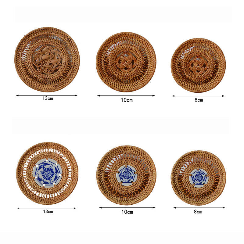 Buddha Stones Ceramic Flower Pattern Rattan Cup Mat Tea Cup Coaster Decorations BS 23