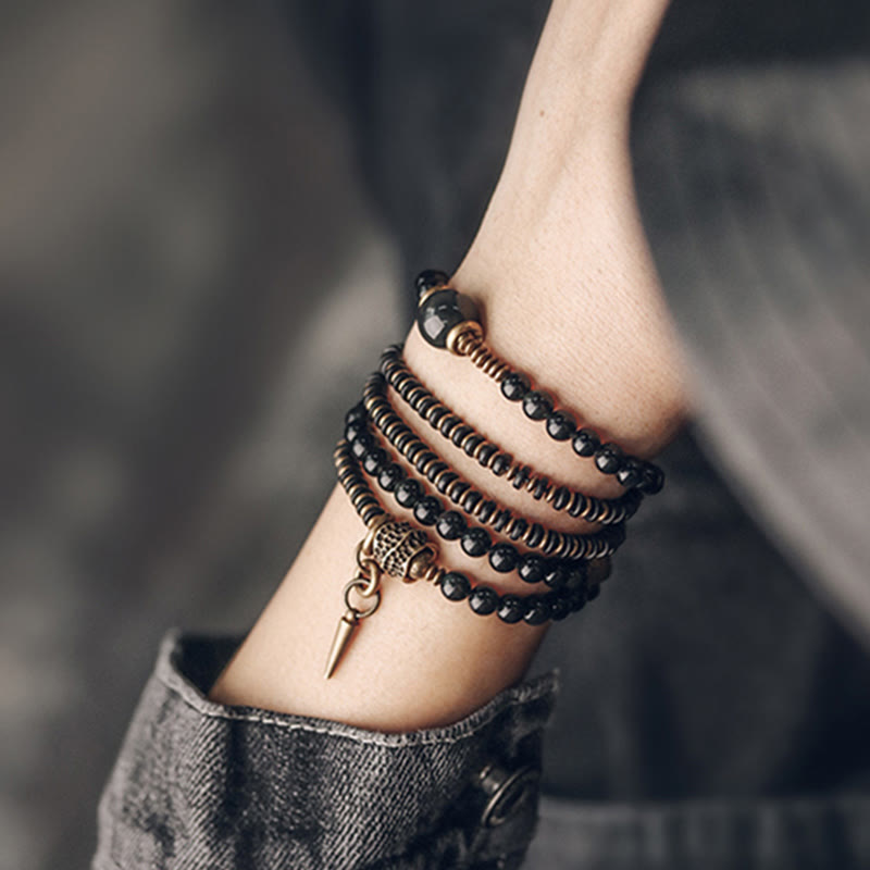 Buddha Stones Rainbow Obsidian Ebony Wood Copper Positive Multilayer Bracelet Bracelet BS 12
