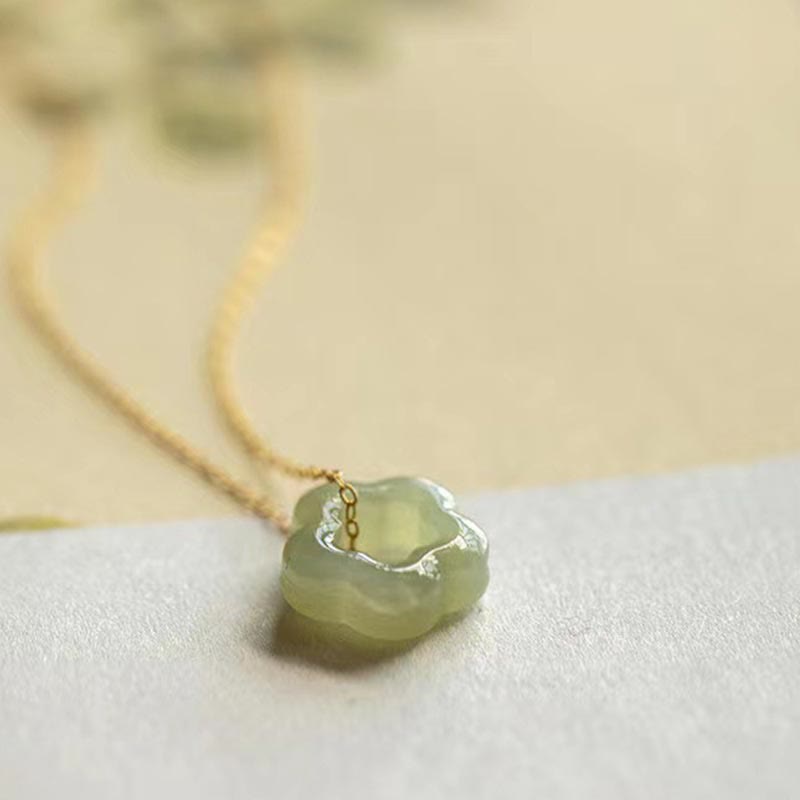 Buddha Stones Dainty Hetian Jade Cyan Jade Luck Floral Charm Necklace Pendant Necklaces & Pendants BS 7
