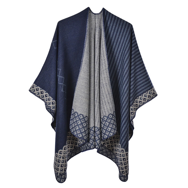 Buddha Stones Tibetan Shawl Striped Diamond Pattern Winter Warm Soft Scarf Tibetan Shawl BS Navy Blue Gray