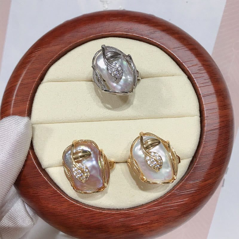 Buddha Stones Pearl Copper Plated Gold Flower Happiness Wealth Ring Ring BS 15