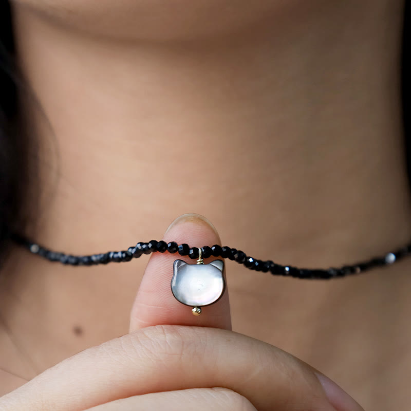 Buddha Stones Black Spinel Cute Cat Motivate Choker Necklace Bracelet Necklaces & Pendants BS 9