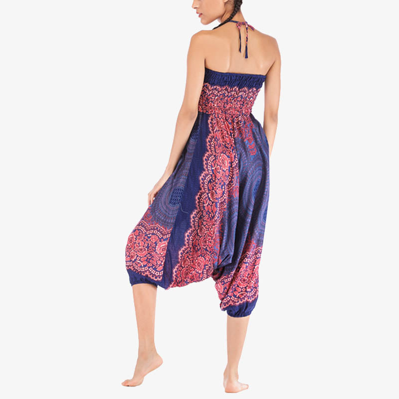 Buddha Stones Two Style Wear Round Geometric Pattern Loose Smocked Harem Trousers Jumpsuit High Waist Women's Yoga Pants Harem Pants&Bodysuit BS 18