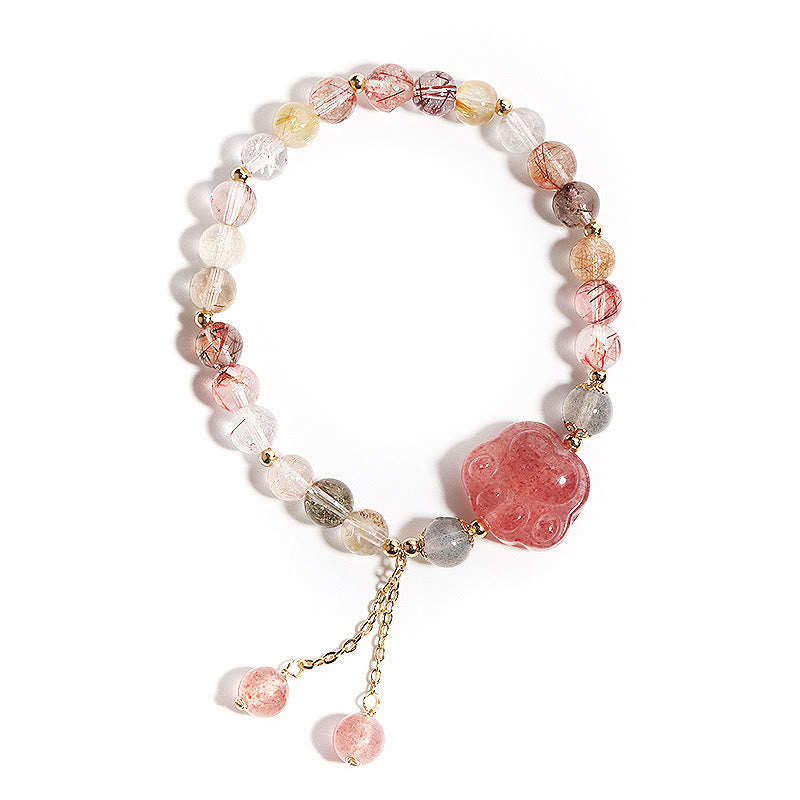 Buddha Stones Natural Strawberry Quartz Cat Paw Claw Colorful Rutilated Quartz Moonstone Love Bracelet Bracelet BS 6