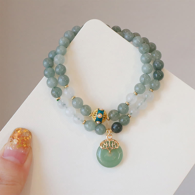 Buddha Stones Single Double Layer Jade Peace Buckle Luck Bracelet Bracelet BS Jade Double Layer Peace Buckle Bracelet(Wrist Circumference: 14-15cm)