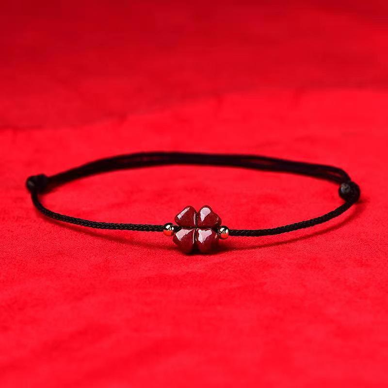 Buddha Stones Natural Cinnabar Four Leaf Clover Blessing Red String Bracelet Anklet Bracelet BS Black Anklet(Anklet Circumference 21-27cm) Without Golden Bead