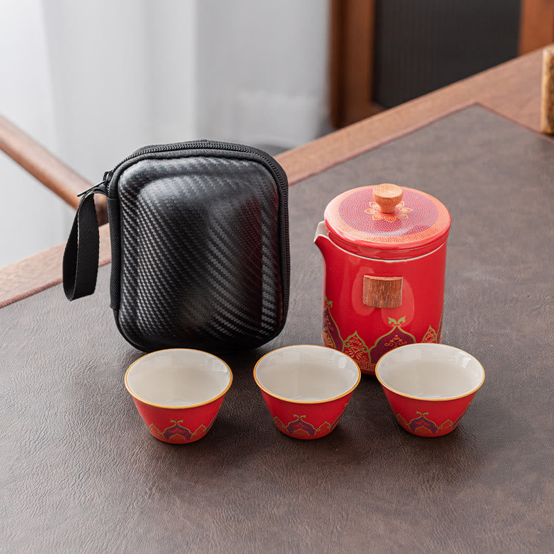 Buddha Stones Flower Chinese Gongfu Ceramic Teapot Portable Outdoor Travel Tea Set Bag Teapot BS Red 1 Teapot+3 Cups+1 Bag