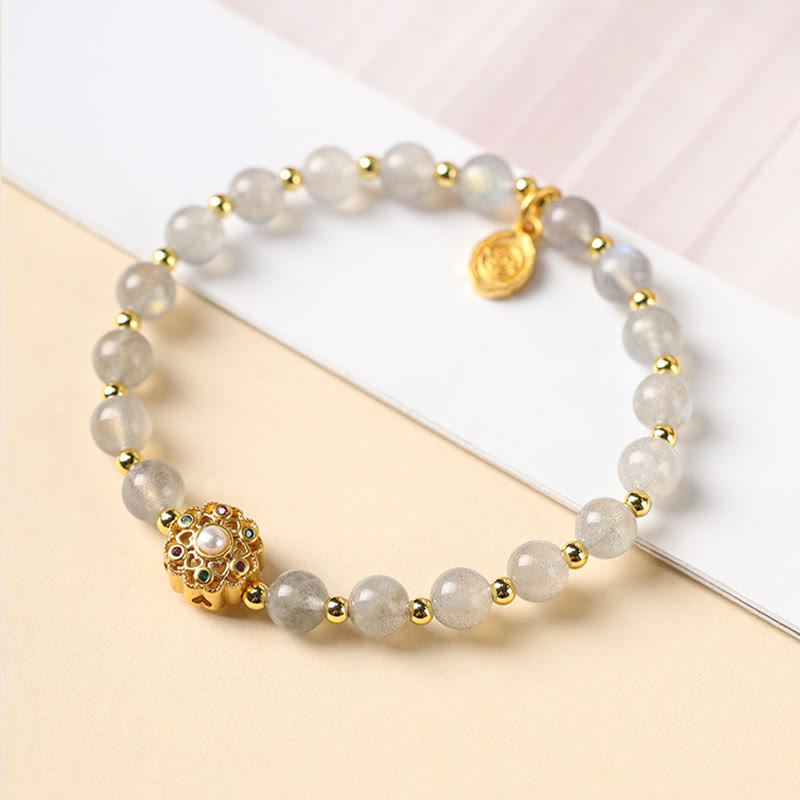 Buddha Stones 14K Gold Plated Natural Strawberry Quartz Labradorite Sun Stone Fu Character Positive Charm Bracelet Bracelet BS 6