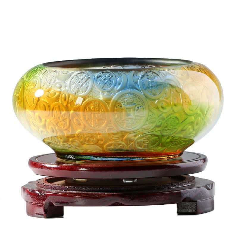 Buddha Stones Handmade Liuli Crystal Treasure Bowl Ingots Art Piece Home Decoration Decorations BS 6