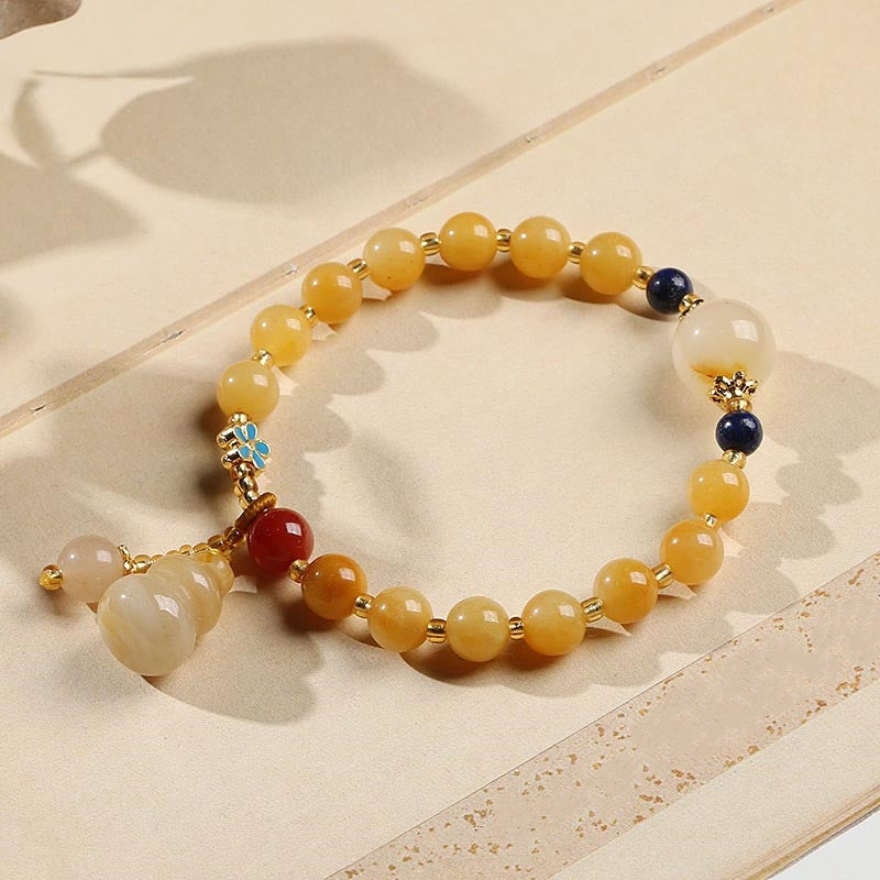 Buddha Stones Natural Golden Silk Jade Gourd Charm Wealth Luck Bracelet Bracelet BS 2
