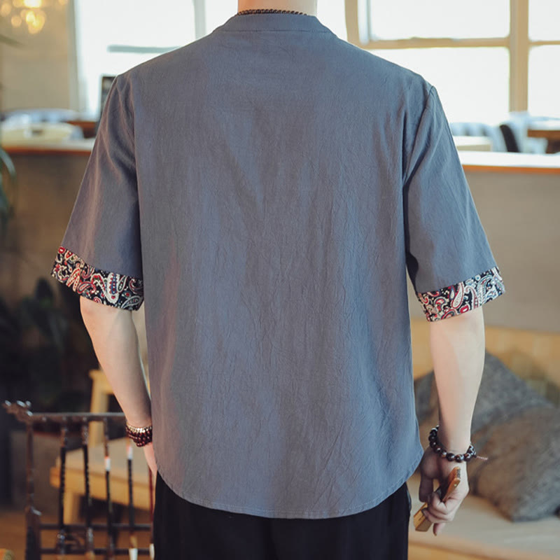 Buddha Stones Frog-Button Dragon Embroidery Chinese Tang Suit Short Sleeve Shirt Linen Men Clothing Men's Shirts BS 2