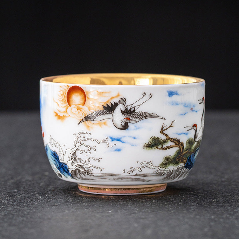 Buddha Stones Dragon Phoenix Crane Sun Ocean Waves Gilt Ceramic Teacup Kung Fu Tea Cup 170ml Cup BS Crane 8cm*5.4cm*170ml