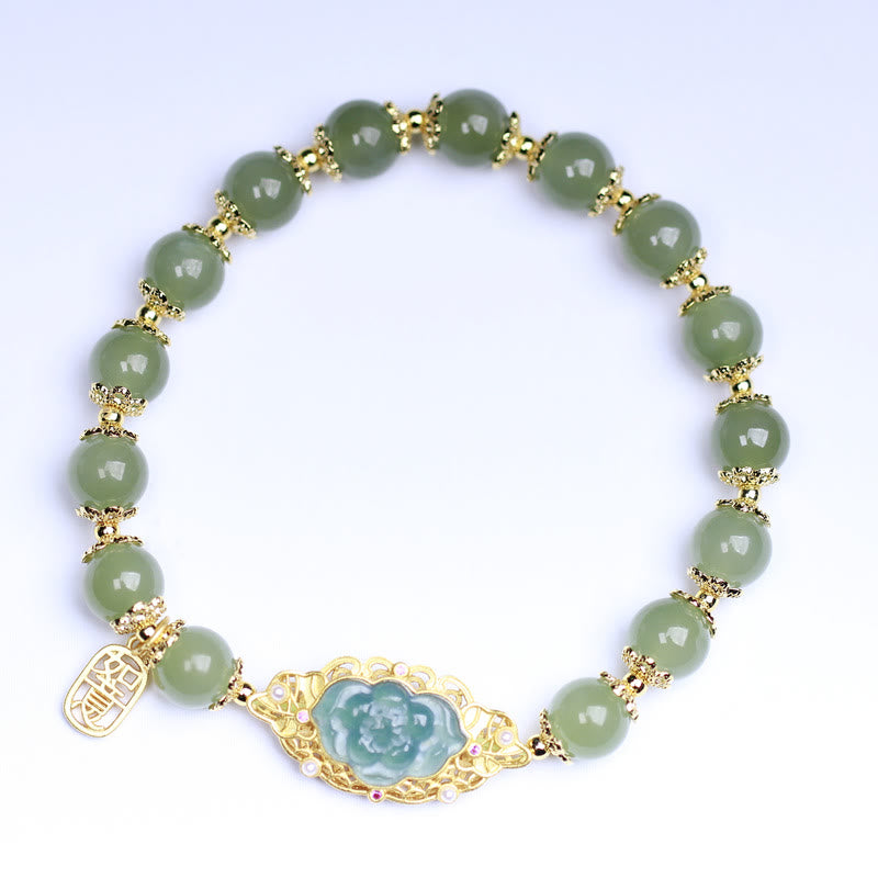 14K Gold Plated 925 Sterling Silver Hetian Jade Lotus Luck Bracelet Bracelet BS 3