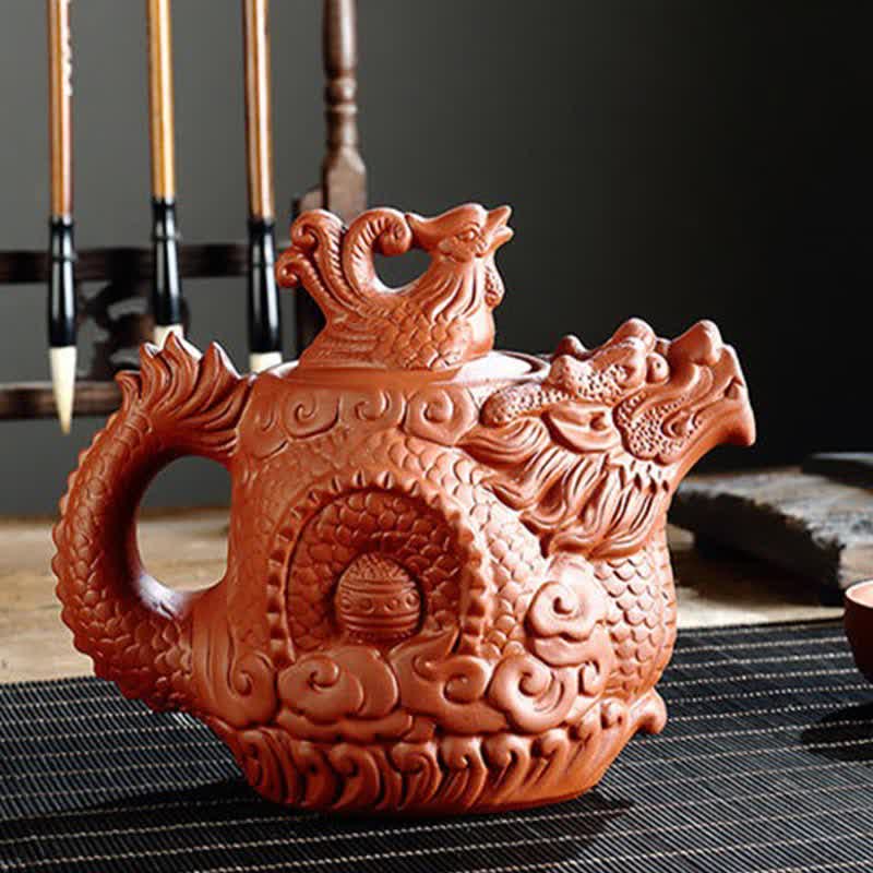 Buddha Stones Vintage Dragon Phoenix Ceramic Teapot Teapot BS 11