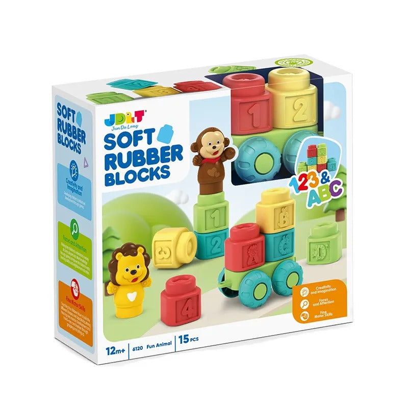 Fidtoy Soft Educational Rubber Animal Building Blocks 15 Pieces for Babies and Toddlers, Soft Gripping Stacking Blocks for Sensory Play, Shape Recognition and Fine Motor Practice Ages 0-3