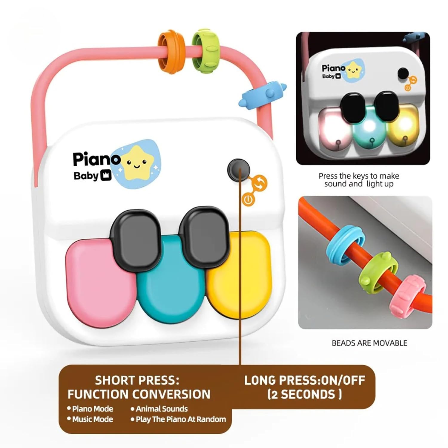 Fidtoy 3-in-1 Educational Music Enlightenment Rattle Series, Baby Musical Rattle Set with Lights, Piano Drum Tambourine Sensory Toy for 12+ Months