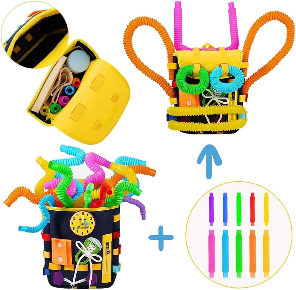 Fidtoy Toddler Busy Kit with Pop Tubes Backpack | Cloth Busy Board Backpack, Montessori Dressing Skills Toy, Pop Tube Shape Building, Fine Motor Skills & Travel Learning Toy Age 3+