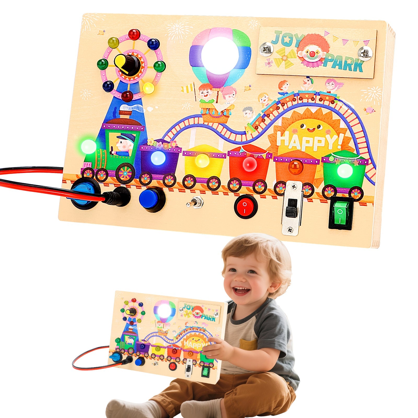Fidtoy Montessori Wooden Busy Board -Light-Up Sensory Activity Toy for Toddlers, Fine Motor Skills Learning Toy for Ages 1-4, Travel-Friendly Fidget Board for Boys & Girls