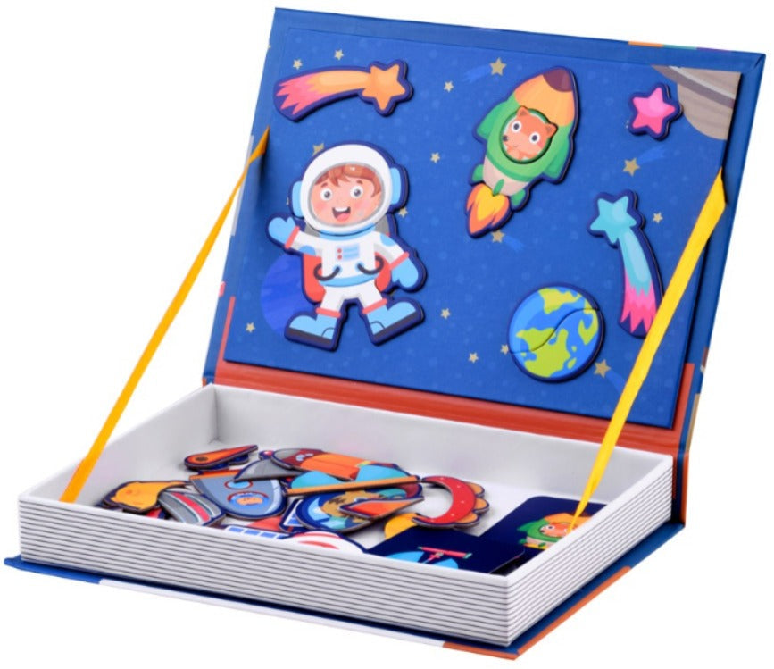 Fidtoy STEAM Magnetic Puzzle Book Space Theme for Kids Ages 2-6, 50-Piece Cardboard Magnetic UFO Puzzle Activity Book with Astronaut and Space Scene Pieces