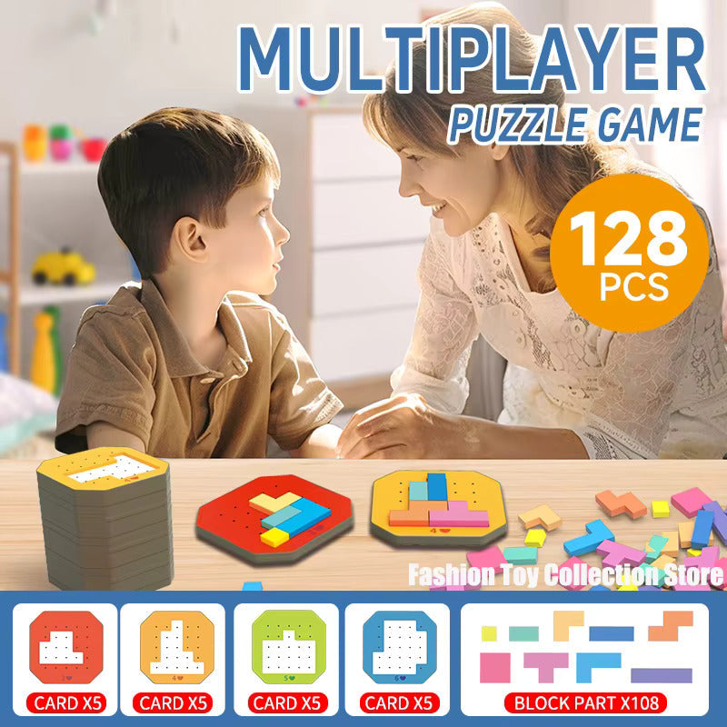 Fidtoy 3D Tangram Multiplayer Challenging Block Game, 128 Piece Colorful Puzzle Blocks, Spatial Awareness Logic Thinking Family Puzzle Toy Ages 2-6