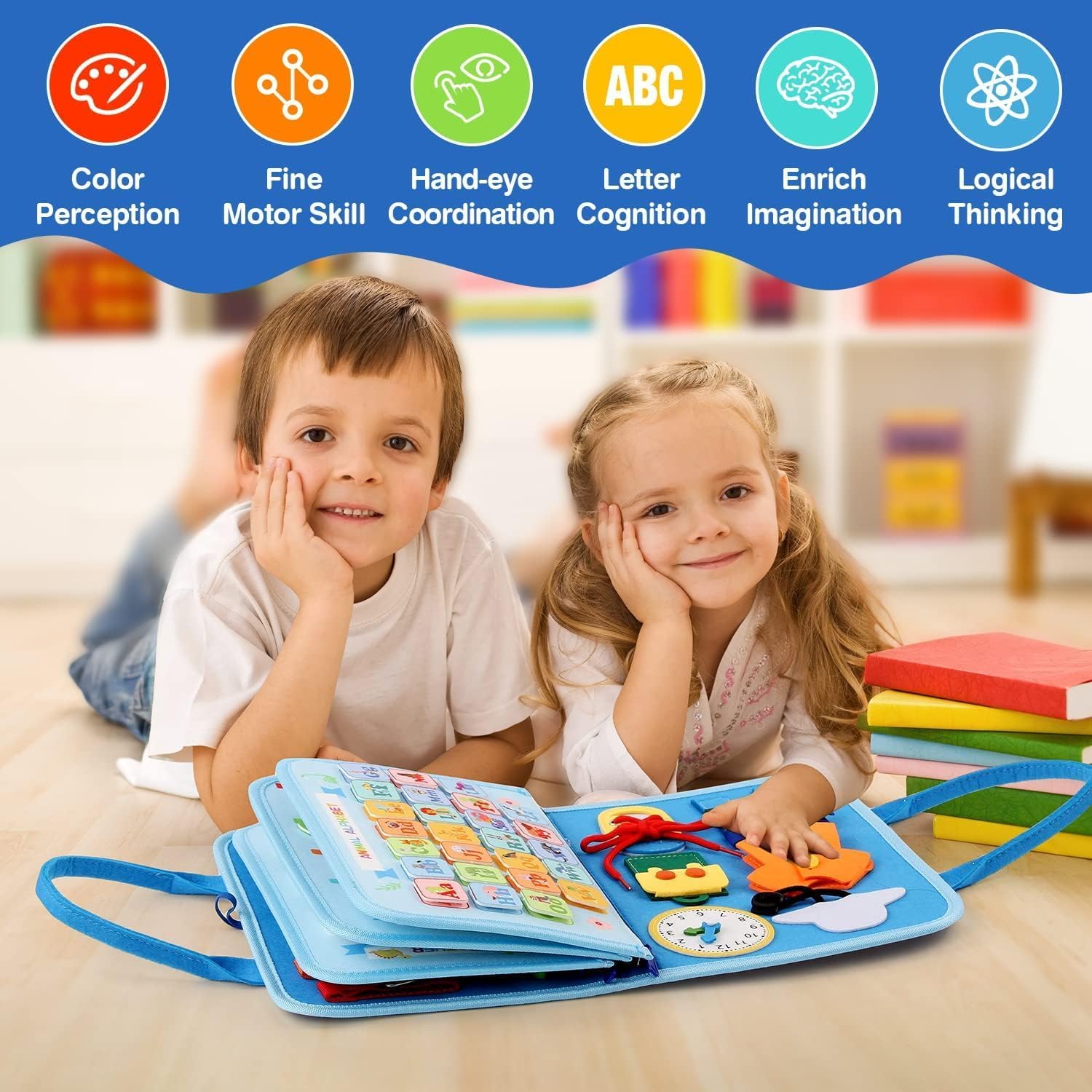 Fidtoy Busy Dinosaur Learning Sensory Fine Motor Book for Toddlers – 5 Double-Sided Montessori Busy Book with Buckles, Zippers, Numbers, Letters & Weather Activities