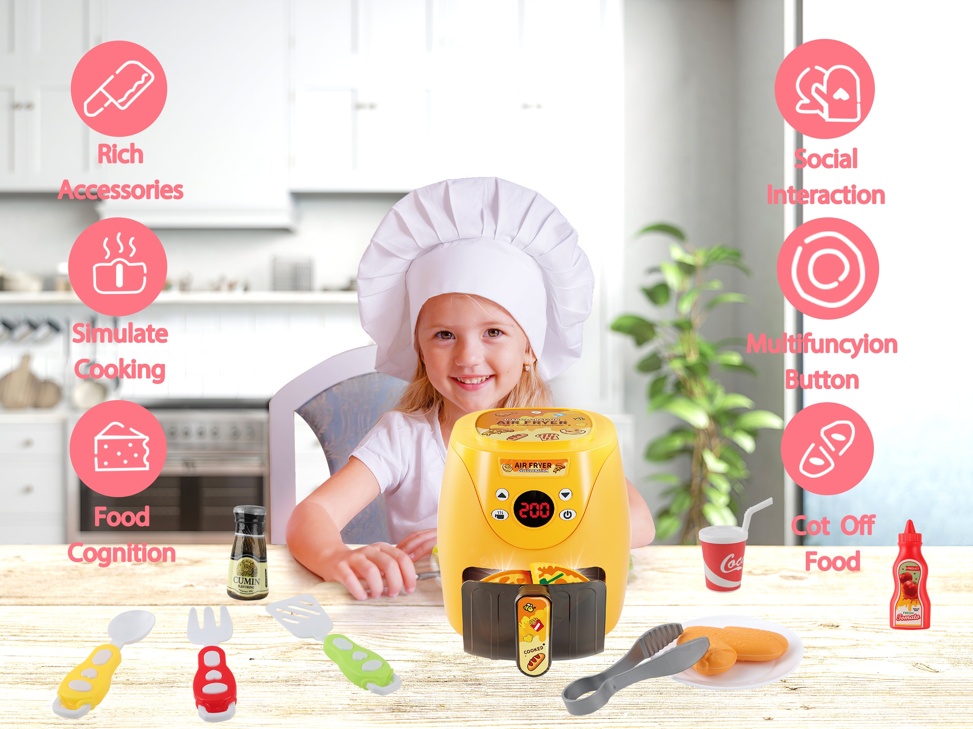 Juego de cocina Freidora de aire para niños, juguete de cocina de simulación con accesorios de cocina, luces y sonidos realistas y comida de juguete
