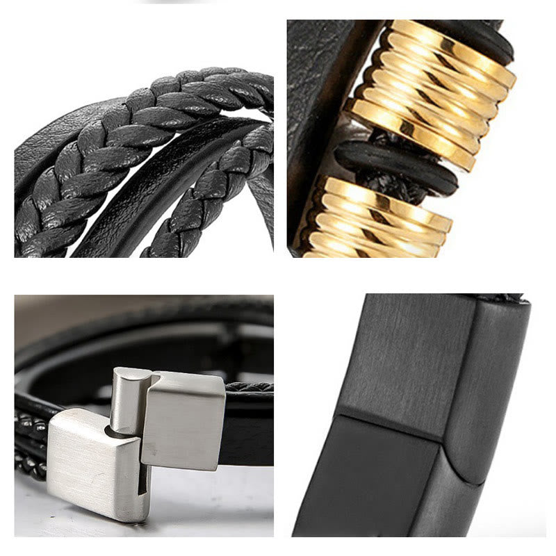Buddha Stones Leather Multi-Layer Titanium Steel Balance Braided Magnetic Buckle Bracelet Bracelet BS 23