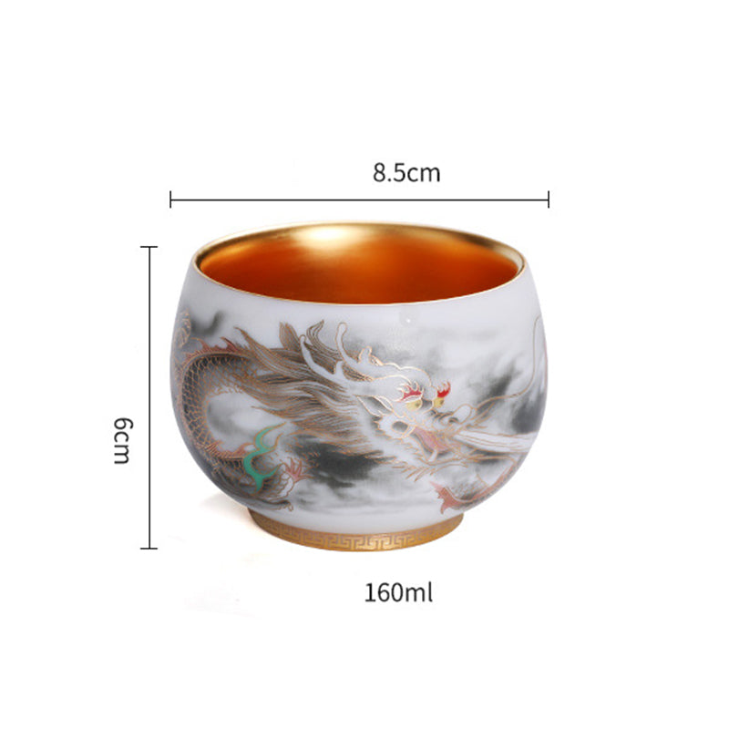 Buddha Stones Dragon Gilt Gourd Ceramic White Porcelain Teacup Kung Fu Tea Cup 160ml Cup BS 6