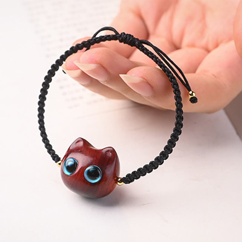 Foviel Small Leaf Red Sandalwood Ebony Wood Cute Cat Head Calm Protection Braided Bracelet