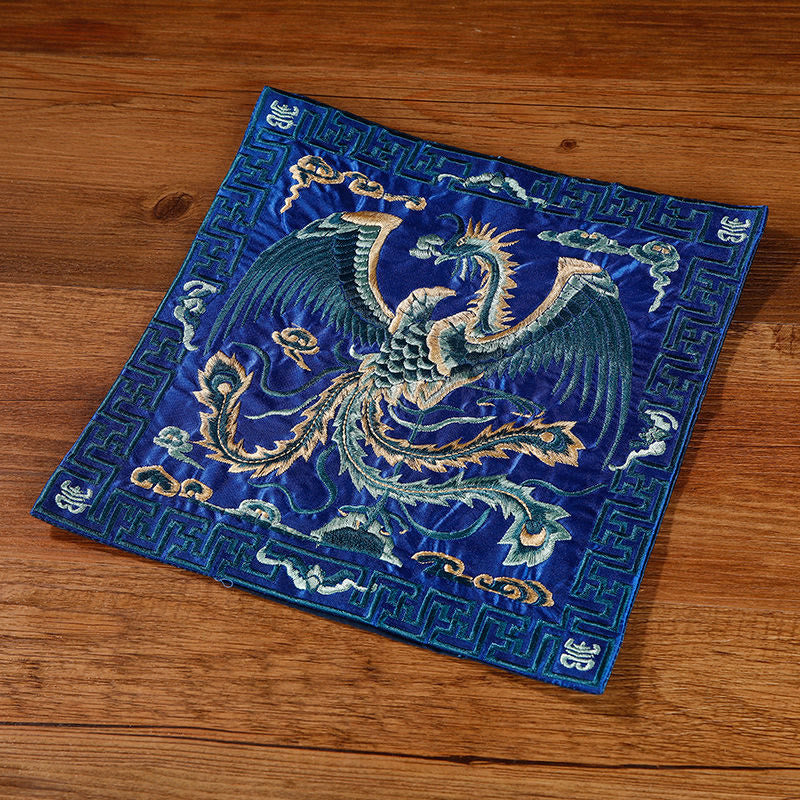 Buddha Stones Crane Phoenix Dragon Kirin Embroidered Cup Mat Pad Tea Cup Coaster Square Kung Fu Tea Mat Tea Mat BS Blue Phoenix