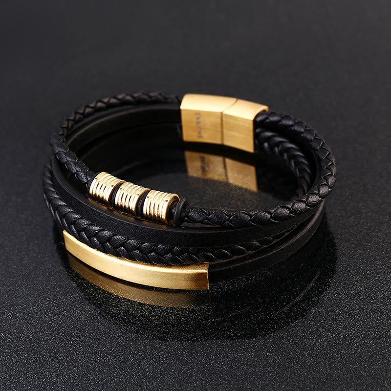 Buddha Stones Leather Multi-Layer Titanium Steel Balance Braided Magnetic Buckle Bracelet Bracelet BS 15