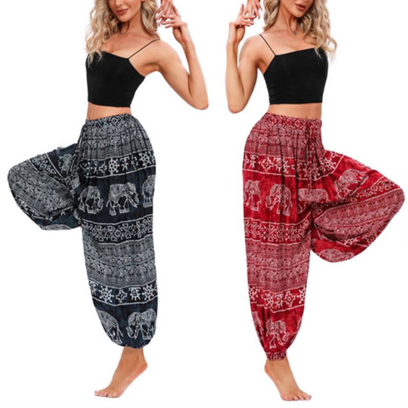 Buddha Stones Elephant Geometry Pattern Casual Loose Harem Trousers Women's Yoga Pants Women's Harem Pants BS 1