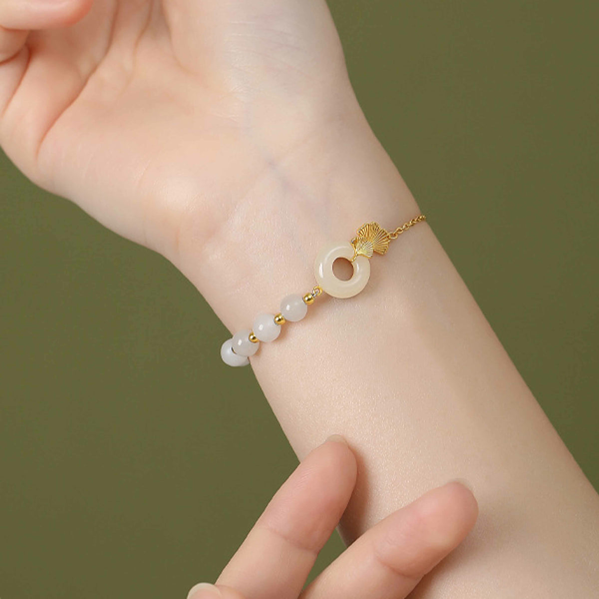 Buddha Stones 925 Sterling Silver Hetian White Jade Peace Buckle Ginkgo Leaf Luck Bracelet Bracelet BS 5