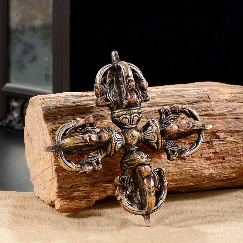 Buddha Stones Tibetan Handmade 5 Prong Double Dorje Copper Iron Thunderbolt Strength Vajra Double Dorje BS 4