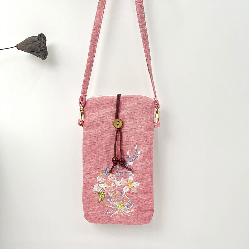 Buddha Stones Small Embroidered Flowers Crossbody Bag Shoulder Bag Cellphone Bag 11*20cm Crossbody Bag BS Pink Peach Blossom 11*20cm
