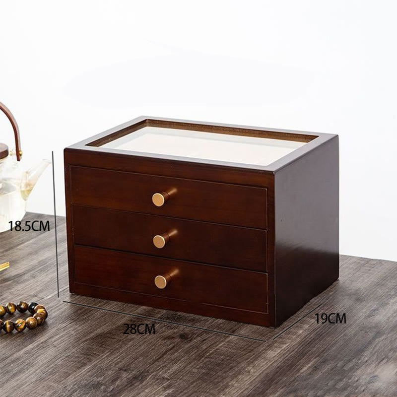 Buddha Stones Retro Solid Wood Jewelry Box Jewelry Storage Box With Drawer Jewelry Box BS Three Layers Dark Color 28*19*18.5cm