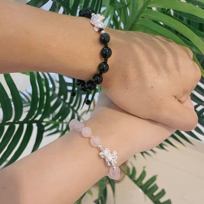 Buddha Stones Natural Black Obsidian Cat's Eye Pink Crystal PiXiu Strength Bracelet Bracelet BS 11