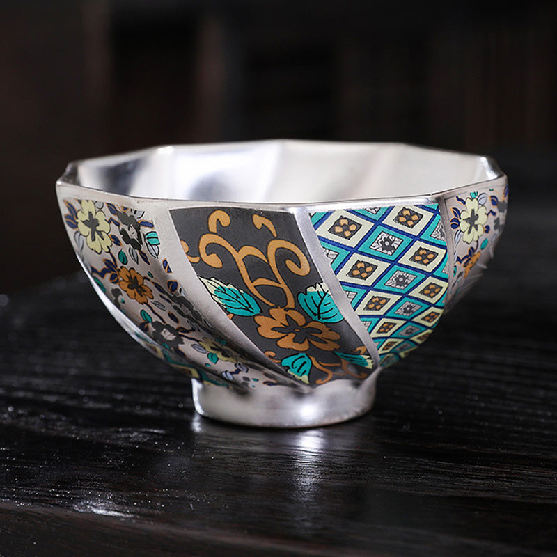 Buddha Stones 999 Sterling Silver Gilding Chrysanthemum Flowers Ceramic Teacup Kung Fu Tea Cup Cup BS 7