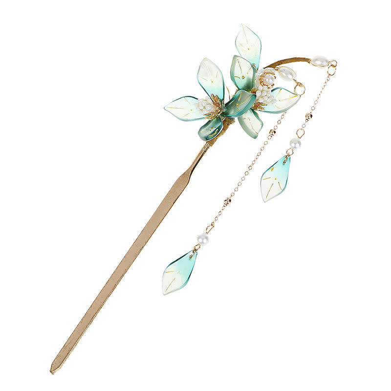 Buddha Stones Flower Leaf Pearl Peace Tassel Hairpin Hairpin BS 13